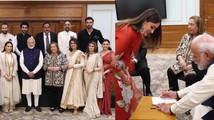 प्रधानमंत्री नरेंद्र मोदी ने तैमूर और जेह के लिए ऑटोग्राफ दिया, जबकि सैफ और करीना कपूर खान, रणबीर, आलिया उनके साथ पोज दे रहे थे .